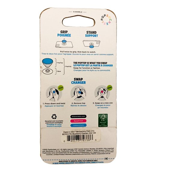 PopSockets PopGrip Phone Grip & Stand with Swappable Top- Blueberry Checker - Picture 2 of 2